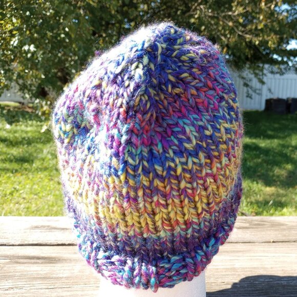 Men's Beanie Hat Cap Handmade Knit Slouch Delphinium Blue Chunky Women - Picture 5 of 9